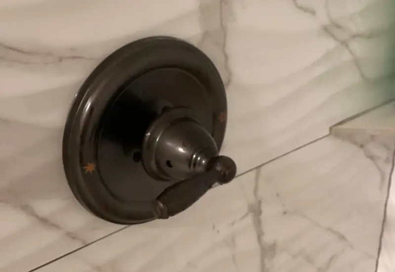 Newly installed shower valve trim on marble tile