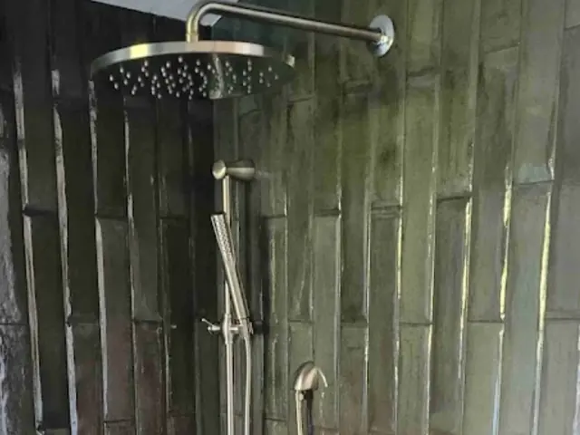 Finished shower with a rain head and hand shower on dark tile